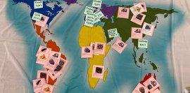 Weltkarte mit farbigen Ländermarkierungen. Auf der Karte liegen Kärtchen mit Bildern von Gesteinen und Angaben zu deren Vorkommen (z.B. Kanada 72,64%). Die Zahlen geben vermutlich den prozentualen Anteil an.