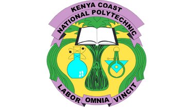 Logo des Kenya Coast National Polytechnic Logo des Kenya Coast National Polytechnic: Buch, Reagenzglas, Zirkel, Laptop und Motto "Labor Omnia Vincit".