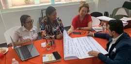 Das Bild zeigt vier Personen, die gemeinsam Ideen zu neuen Strategien sammeln.