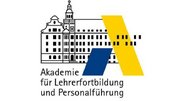 Logo der Akademie für Lehrerfortbildung: Linienzeichnung eines Gebäudes. Blaue und gelbe Akzente. Text unterhalb.