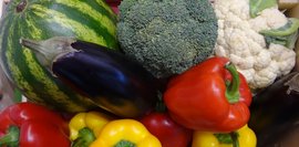 Blick in eine bunte Kiste mit frischem Obst und Gemüse 