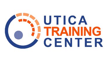 Logo UTICA Logo von Utica Training Center: Blau-grauer Kreis mit Segmentbögen in Orange und Rosa, daneben Text in Blau und Orange.