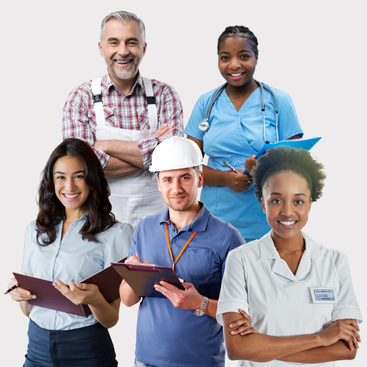 Fachkräfte verschiedener Branchen stehen lächelnd nebeneinander, z.B. Handwerker, Hotelfachfrau, Pflegekräfte und Elektriker.