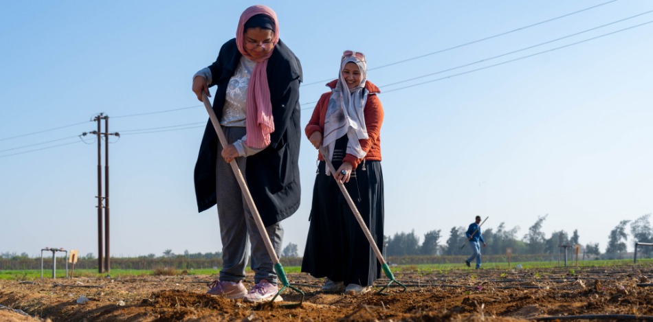 Das Bild zeigt zwei Frauen beim Unkraut hacken auf einem Bewässerungsfeld.