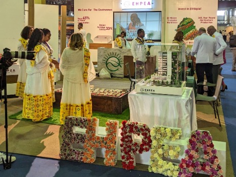 Besucher und Mitarbeiter in traditioneller äthiopischer Tracht stehen am geschmückten Messestand von EHPEA 