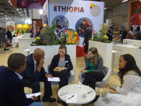Äthiopische und deutsche Expertinnen und Experten sitzen zum Fachgespräch am Messestand von EHPEA 