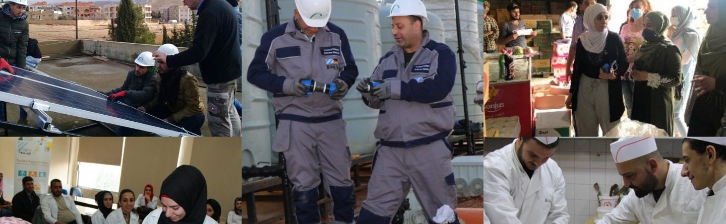 Die Collage zeigt verschiedene Berufsgruppen bei der Arbeit. Es sind Szenen von Solarpanel-Installation, Wasserinfrastruktur-Arbeiten, Kochkurse und medizinischer Ausbildung zu sehen. Die Bilder zeigen Menschen aller Altersgruppen und Geschlechter.