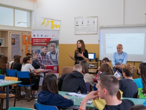 Das Bild zeigt ein Klassenzimmer einer Grundschule in Zrenjanin. Zagorka Markovic (bbw gGmbH) und Predrag Stankov (Direktor der Handelskammer Zrenjanin) informieren eine Gruppe junger Menschen über Perspektiven in der Berufsausbildung.
