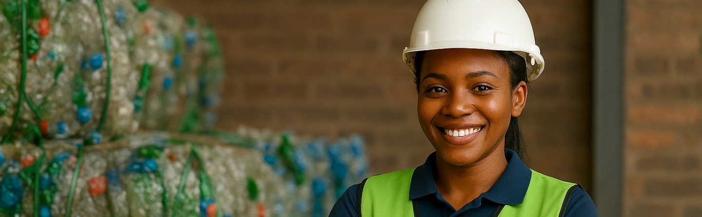 Eine Person aus dem Senegal mit Schutzhelm und Warnweste steht vor gestapelten Ballen aus gepresstem Plastikmaterial.